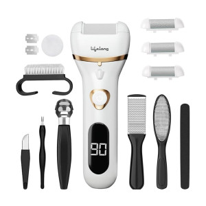 Lifelong Callus Remover for Feet with Pedicure Kit, Callus Remover For Feet Electronic, CallusRemover, 3 Roller Heads, 2 Speeds & Rechargeable Battery Display, Foot Callus Remover (LLPCW105, White)