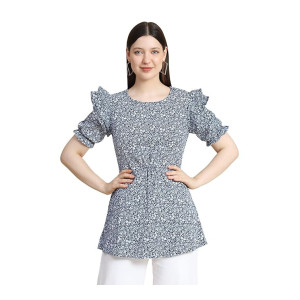 KERI PERRY Women's Indo-Western Polyester A-line Round Neck Printed Half Sleeve Regular Fit Top