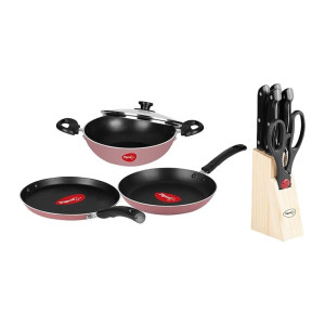 Pigeon Basics Non stick Aluminium Non Induction Base Cookware set, including Dosa Tawa, Kadai With Glass Lid, and Frying Pan & Pigeon by Stove Kraft Shears Kitchen Knifes 6 Piece Set with Wooden Block