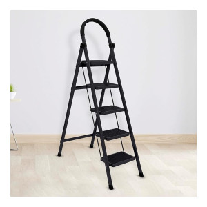 Plantex Cheston Premium GI Steel Foldable 5 Step Ladder for Home/Wide Anti Slip Steps (Black)