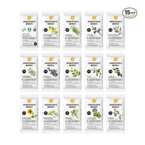 INDIGENOUS HONEY 15 Gift Sachets Small Pouch Raw Natural Honey - Organic Wild, Pure Tulsi, Unprocessed Ajwain, Mustard, Lychee, Coriander, Fennel, Sesame, Juliflora and more - 15g Each, Total 225g