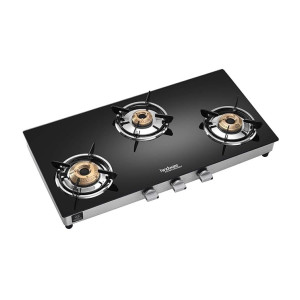 Hindware ARMO Plus 3 Burner Glass Gas Stove with Scratch resistant Powder Coated Body and Highly Efficient Corrosion Resistant Brass Burners (Black & Silver, Manual Ignition)