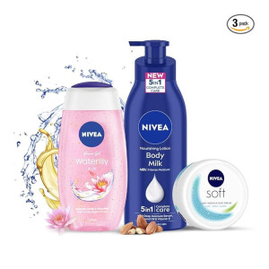 NIVEA Complete Regime Kit - Soft 300ml Moisturizing Cream, Body Milk 400ml Nourishing Lotion & Water-Lily Flower 250ml Refreshing Shower Gel