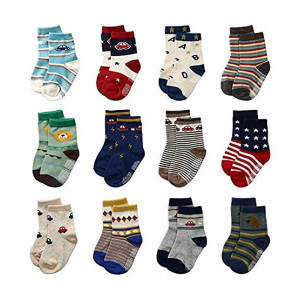 Cuteably™ Baby boy Cotton Socks Anti Skid Socks boy Booties Multi Color and Designs Random Colors (Pack 3, 0-3 months)