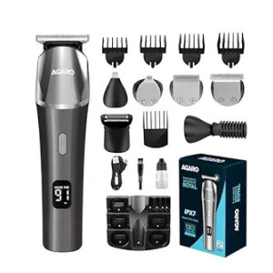 AGARO Royal Multi Grooming Kit For Men, 9in1, Shave| Trim | Style, Face Head Body Trimmer, Self Sharpening Stainless Steel Blade, 5 Combs, Metal Body, Type C Fast Charging, 120 Min Usage, IPX7, Silver