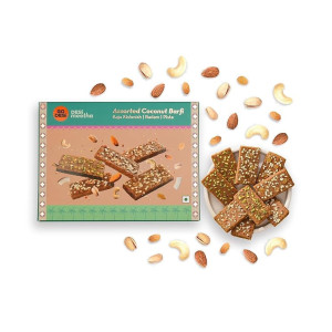 GO DESi Assorted Coconut Barfis, 200 grams burfi, Rakhi Gift for Sister and Brother, Indian Sweets Gift Pack, DESi Meetha, Dry Fruits Gift, Almond Cashew Raisin Pista Bar, Sweets Indian Mithai