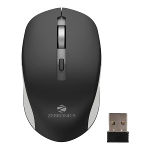 ZEBRONICS ZEB-JAGUAR Wireless Mouse, 2.4GHz with USB Nano Receiver, High Precision Optical Tracking, 4 Buttons, Plug & Play, Ambidextrous, for PC/Mac/Laptop (Black+Grey)