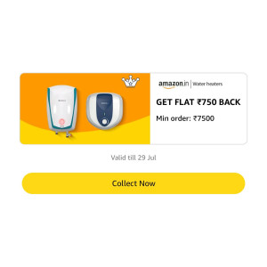 Water Heaters : Flat ₹750 Cashback On Minimum Order 7500