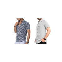 Men's Half Sleeve Polycotton Regular Fit Solid & Embroidered Shirt Combo (White - White & Dark Blue)