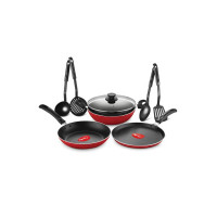 Pigeon by Stovekraft Mio Nonstick Aluminium Cookware Gift Set, Includes Nonstick Flat Tawa, Nonstick Fry Pan, Kitchen Tool Set, Kadai with Glass Lid, 8 Pieces Non-Induction Base Kitchen Set - Red
