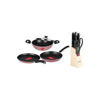 Pigeon Basics Non stick Aluminium Non Induction Base Cookware set, including Dosa Tawa, Kadai With Glass Lid, and Frying Pan & Pigeon by Stove Kraft Shears Kitchen Knifes 6 Piece Set with Wooden Block