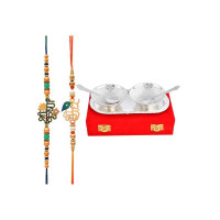 Piepot | Rakhi For Brother And Bhabhi With German Silver Bowl Set, Silver Gift Serving Sweets, Dry Fruits Nuts With Red Velvet Box (2 Bowl Set With Rakhi), 200 Milliliter
