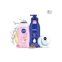 NIVEA Complete Regime Kit - Soft 300ml Moisturizing Cream, Body Milk 400ml Nourishing Lotion & Water-Lily Flower 250ml Refreshing Shower Gel