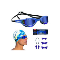 SLOVIC Dark-Blue Swimming Goggles for Men & Women with Detachable Silicon Nose Bridge | Anti-Fog Glasses, Leak-Proof | Adjustable Strap with Ear Plugs & Nose Clip | UV-Protected Swimming Goggle Kit |